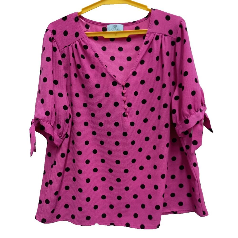 CeCe Hot Pink Polka Dot V-Neck Blouse with Black Dots